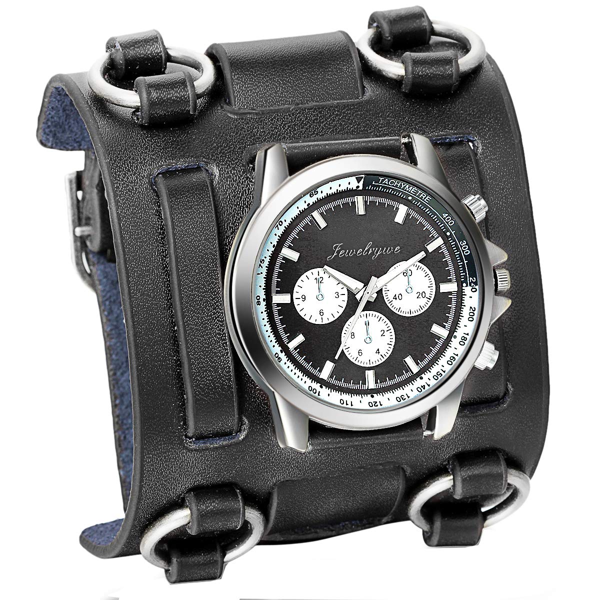 JewelryWe Black Hip-hop Gothic Punk Style Men Watch Wide Leather Fashion Cuff Wristwatch for Halloween