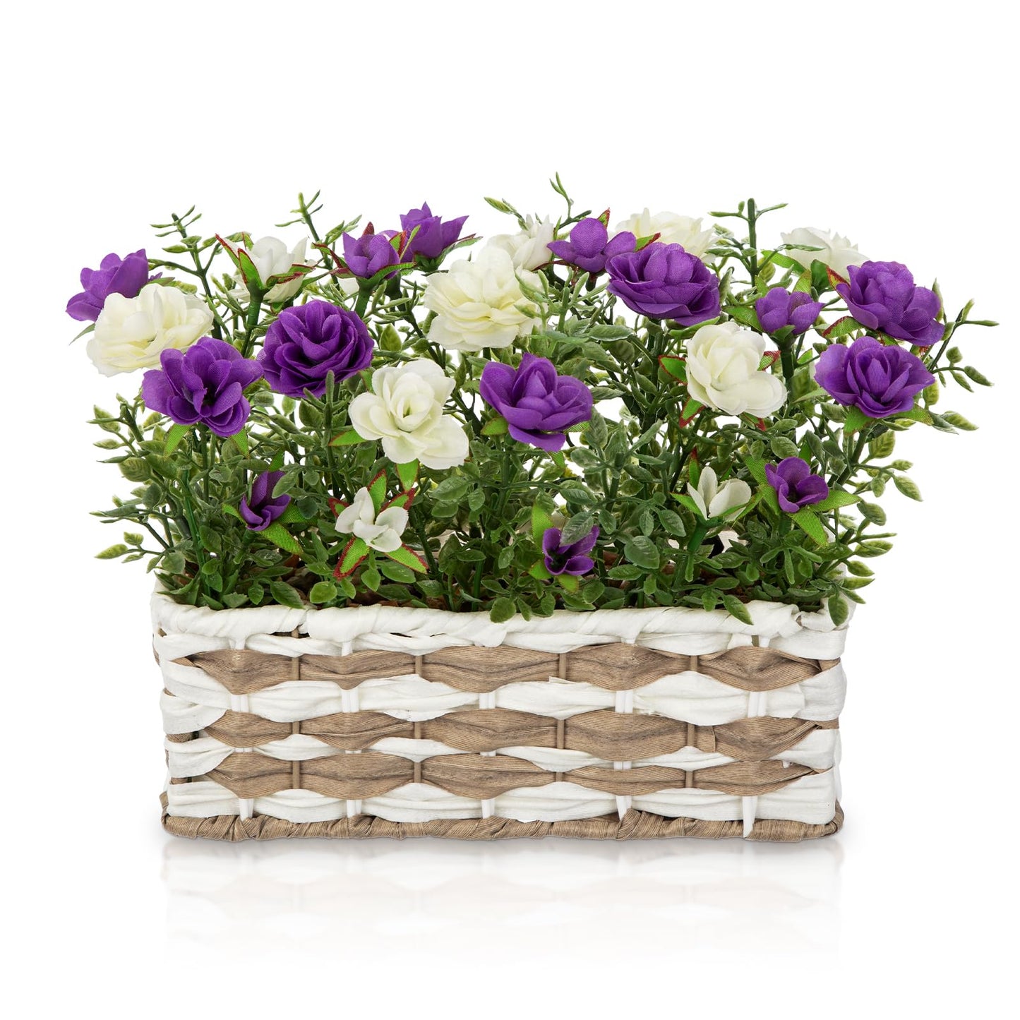 Artificial Rose Flowers with Woven Basket, Faux Roses in Fake Rattan Planter for Table Centerpiece, Romantic Floral Arrangement for Home Bathroom Office Desk Spring & Rustic Decor, Cream White Purple
