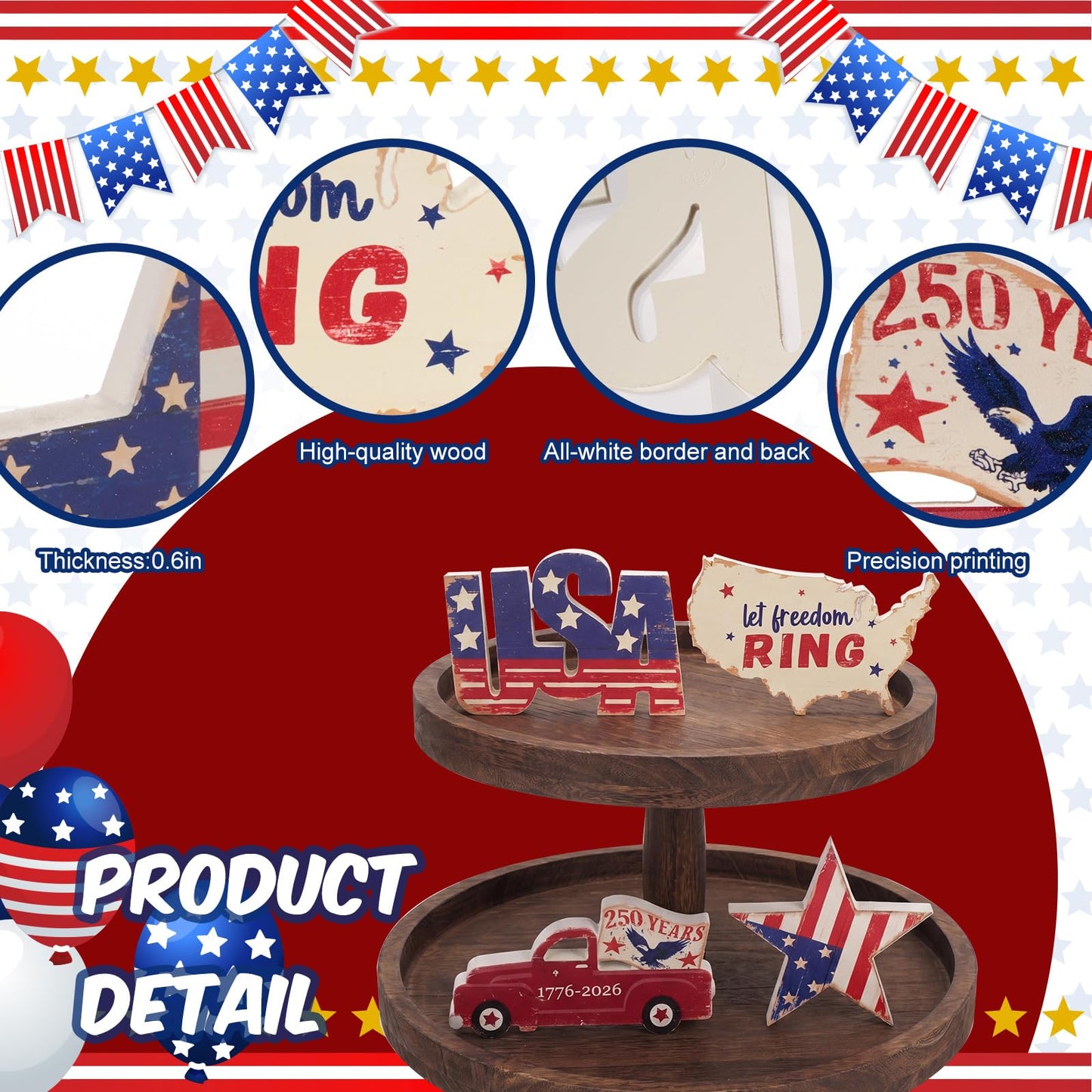 SiliFine 4 Pcs 250th Anniversary Table Decorations 4th of July Wooden Tabletop Centerpieces, Patriotic Star Car USA Tabletop Sign Red White Blue Table Topper for Independence Day