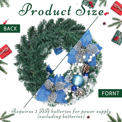 Knitgrip Pre-Lit Christmas Wreaths for Front Door 13.7 Inches Christmas Wreath with Ball Ornaments 20 LED Lighted Hoop for Outdoor Wall Window Fireplace (Blue,Blue Flower Style)
