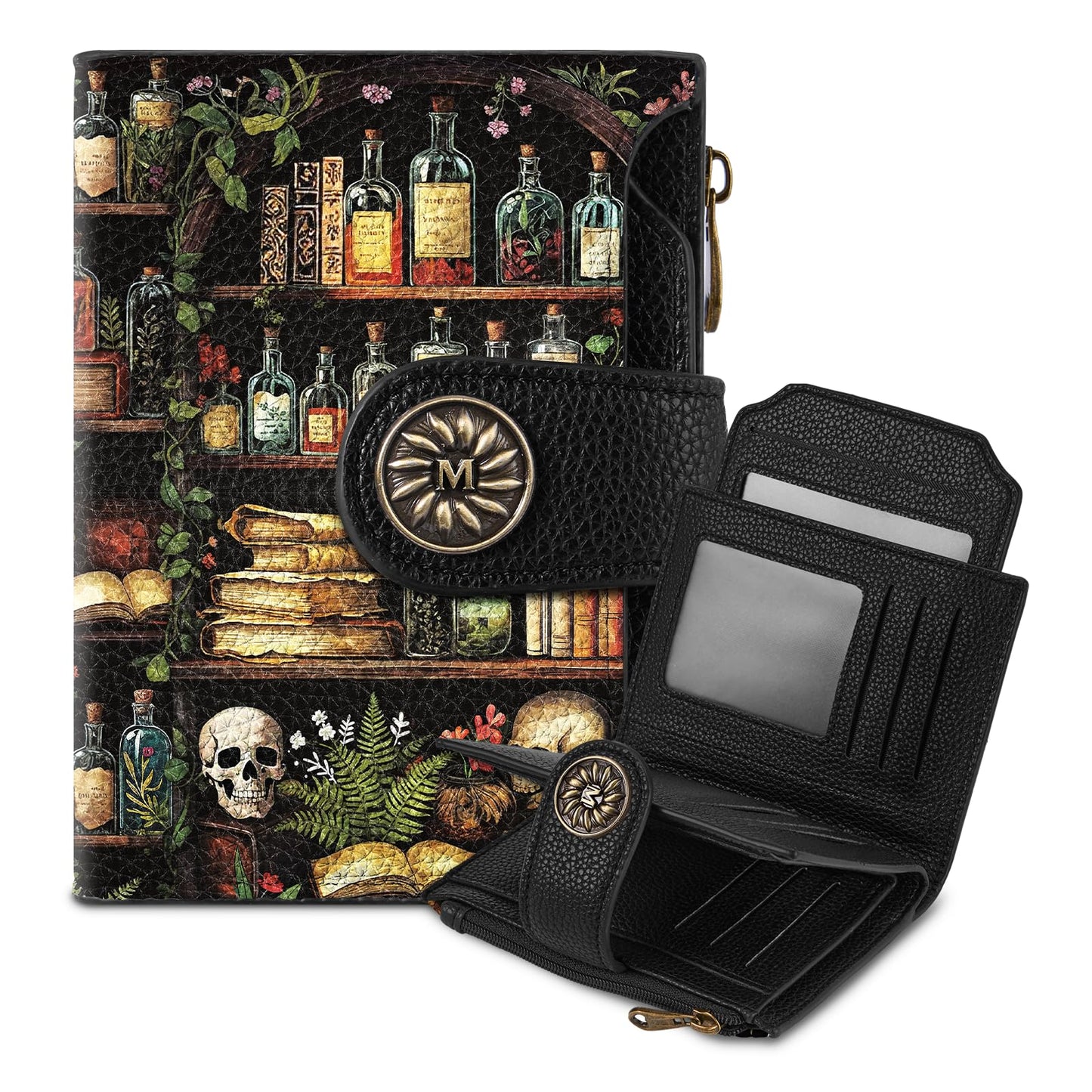 Mayski Skull Bookshelves Gothic Small RFID Wallet Women, PU Leather Bifold Zipper Coin Pocket Compact Cash Credit Card Holder Purse, Cute Travel Wallet for Ladies Teen Girls, 4 ID Window 14 Card Slots