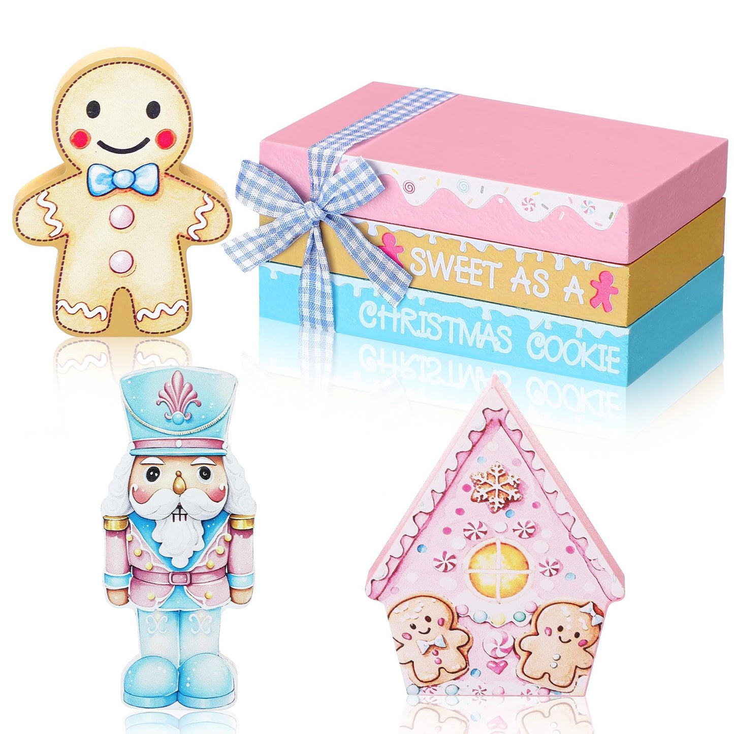 Sivak 6 Pcs Pastel Pink Gingerbread Christmas Decor Gifts, Pastel Pink Christmas Decorations Indoor, Gingerbread House Decorations, Xmas Decor for Farmhouse Home Office Mantel Shelf Table Tiered Tray