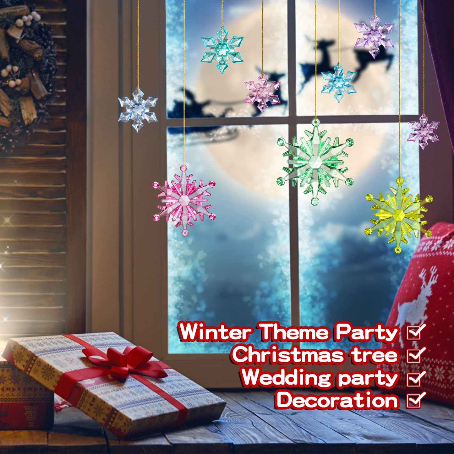 NHBTYKL 51 Pcs Colorful Snowflake Ornaments Acrylic Snowflake Pendants for Christmas Tree Wedding Party Winter Party Ceiling Hanging Deco