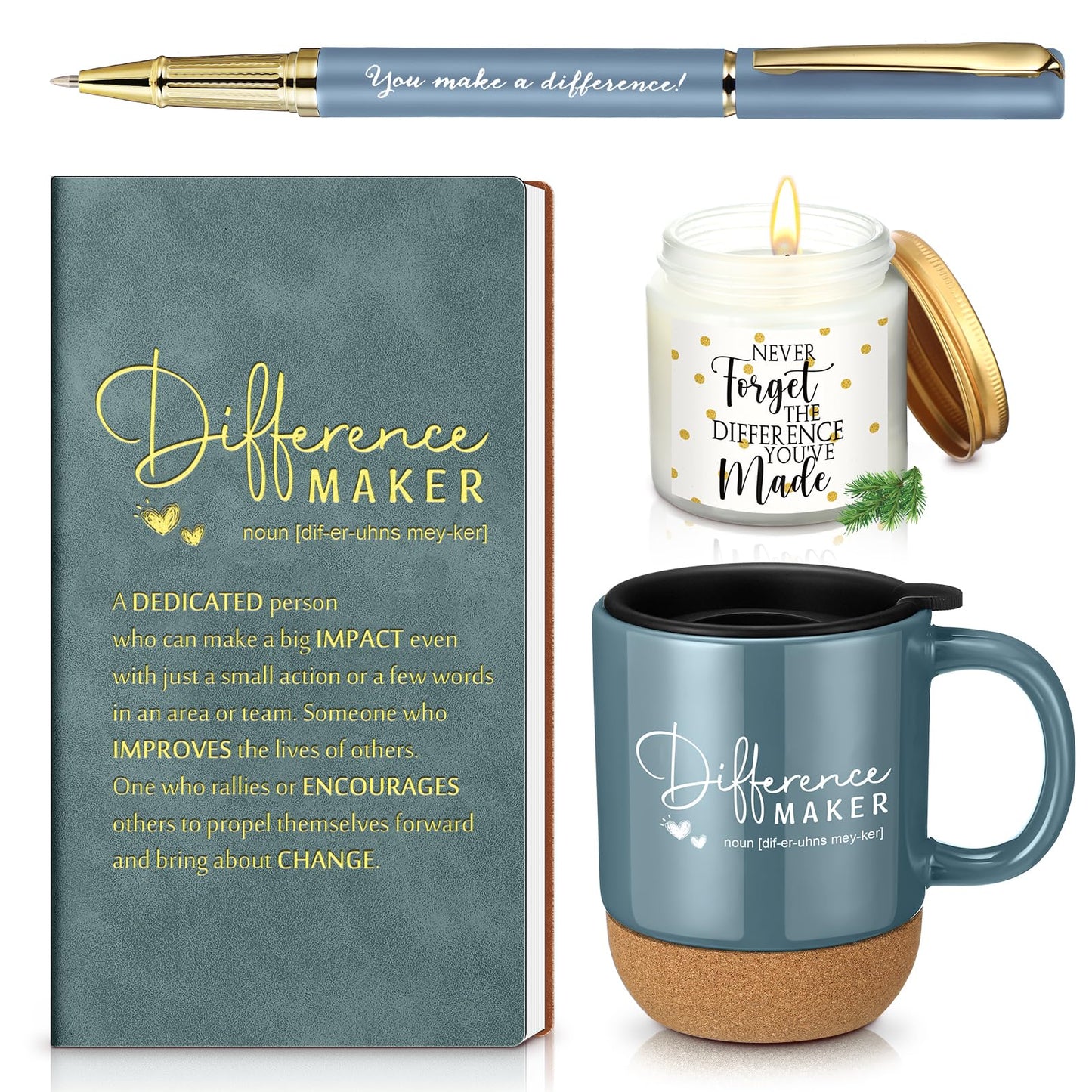 Vesici 4 Pcs Difference Maker Gift for Women Men Difference Maker Mug Notebook Candle Motivational Pen Employee Appreciation Gift for Volunteer Paraprofessional Coworker Secretary(Dark Blue,Word)
