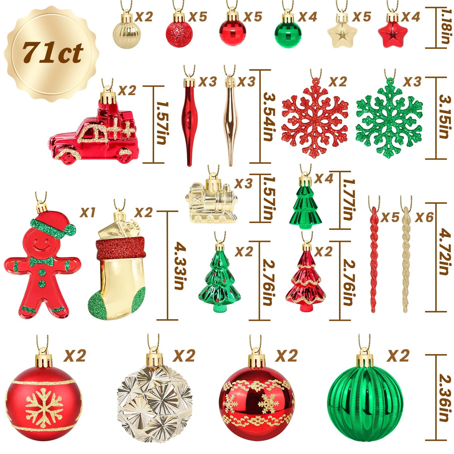 FestiveBliss Christmas Ornaments 71 Count, Christmas Decorations for Tree, 23, Shatterproof Ornaments Red & Green Ornaments