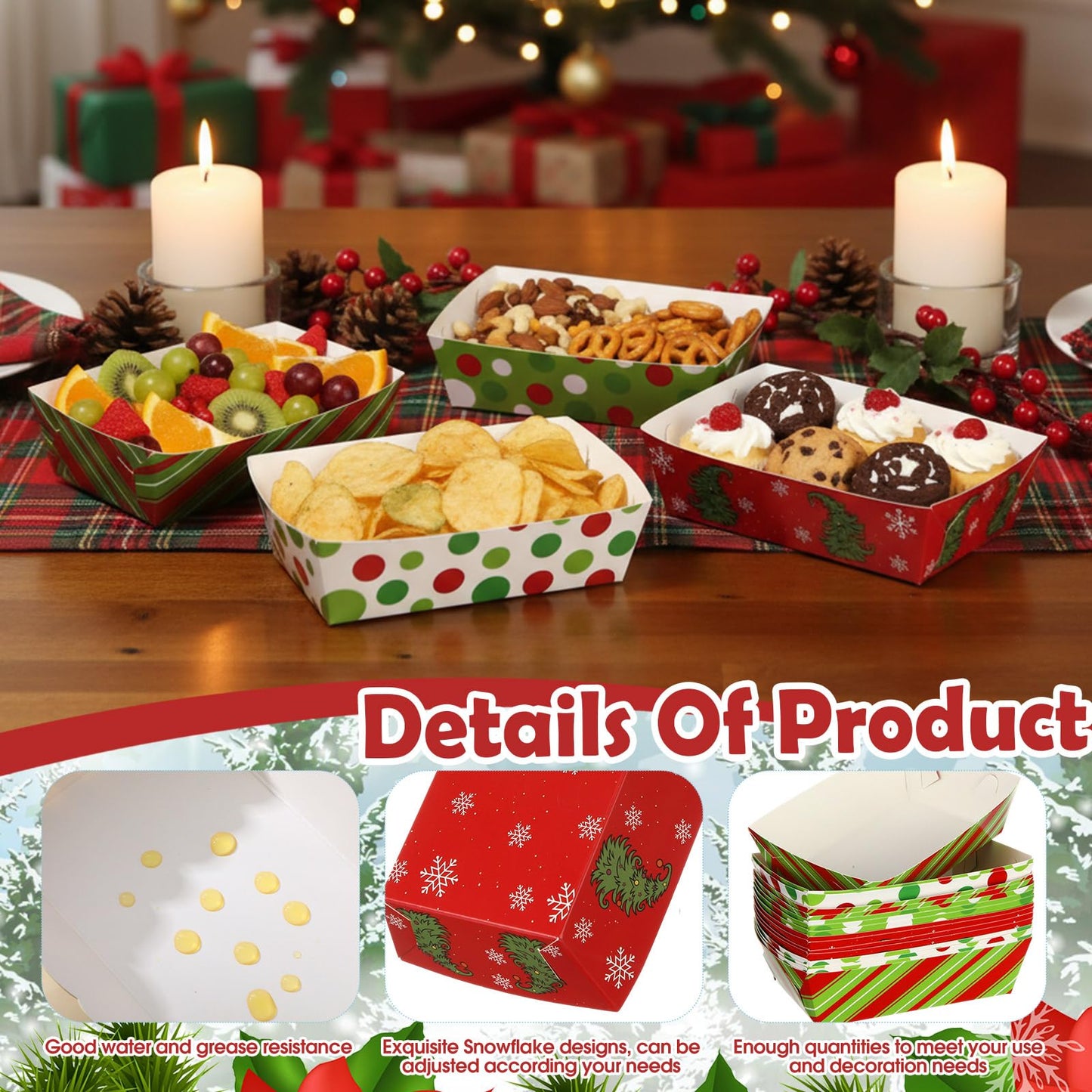 Dunzoom 24 Pcs Christmas Paper Food Trays Plates Disposable Christmas Movie Snack Trays Santa Elf Snowman Red Green Plates Nacho Hot Dog Serving Boat for Xmas Party Supplies Decoration (Style 2)