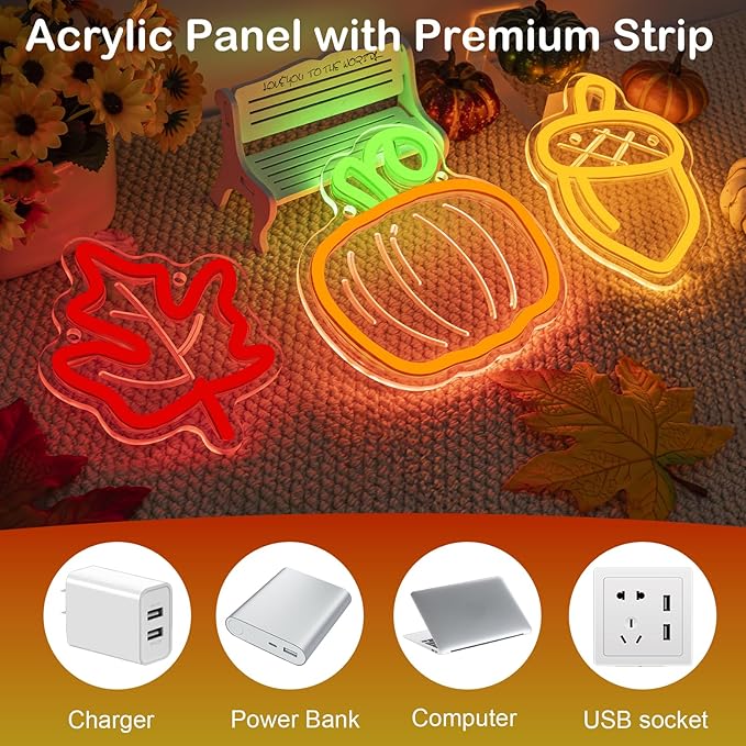 Cute Thanksgiving Harvest Neon Sign Acorn Maple Leaf Pumpkin LED Wall Lights Indoor Thanksgiving Neon Light USB Charged Fall Decor Ideas for Teen Room Men Cave in Fall Fest Party