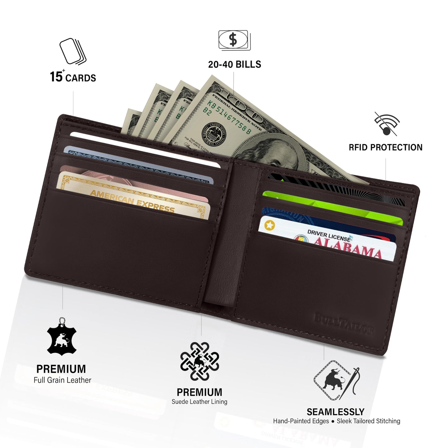 BULLTAILOR Full-Grain Leather Wallet for Men, Minimalist Slim Mens Bifold RFID Blocking Wallet with Cash Pocket, 8 Card Slots (Dark Brown)