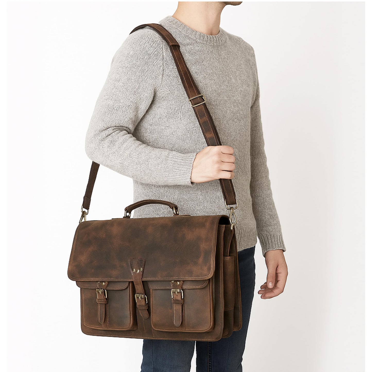 Vintage Leather Messenger Bag for Men & Women, Multi-Pocket Briefcase Satchel, 16 Inch Laptop Shoulder Bag – Brown (Vintage Brown, 16 inch Medium)