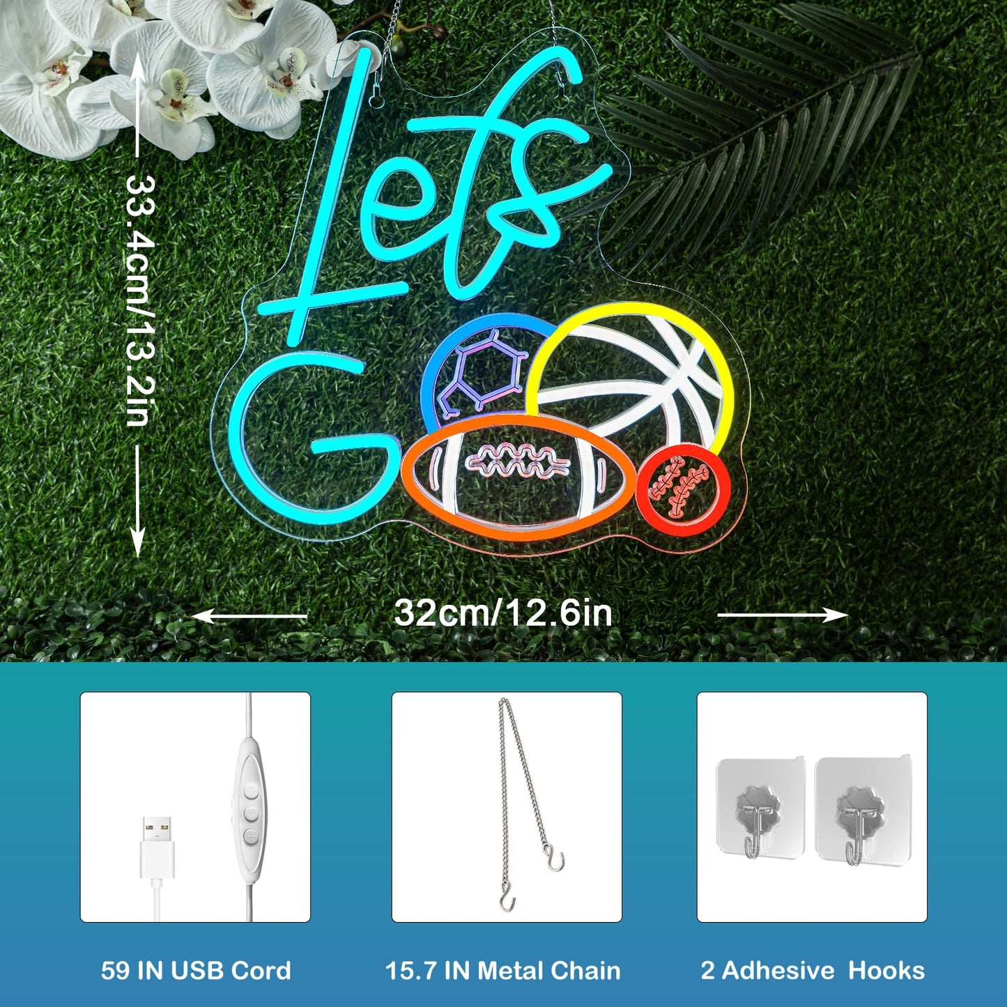 Sports Neon Sign Let's Go Basketball LED Light 4 Balls Combination Sign Light Up Baseball Wall Decor for Gym Themed Party Lighted Football Gifts for Sports Lover