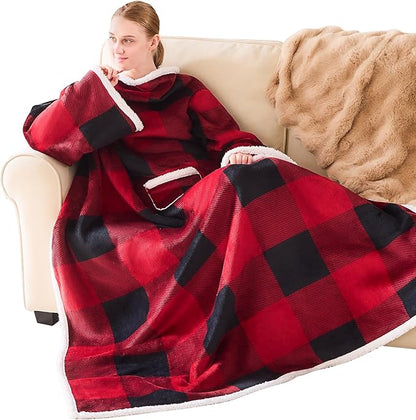 IFNOW Sherpa Wearable Blanket with Sleeves for Women Men Adults, Cozy Wearable Blanket with Arm and Pocket, Warm Full Body TV Wrap Throw blanket, Soft Robe Blanket as Gifts for Mom Wife, Plaid