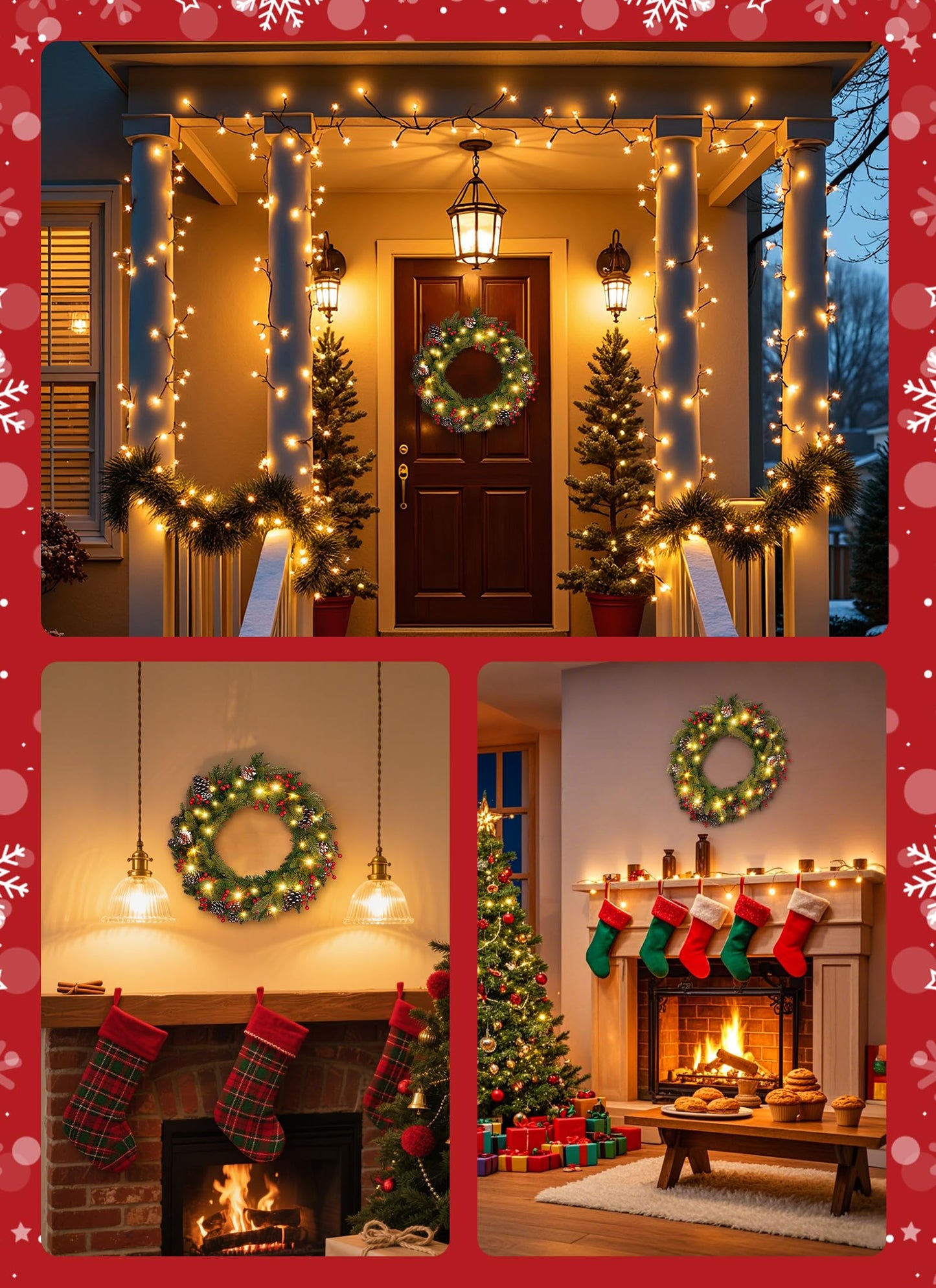 Brightown 24 Inch Pre-Lit Artificial Christmas Wreaths for Front Door,Christmas Decorations Indoor with Pine Cones & Berry Clusters, Christmas Wreath with 50 Lights for Fireplace Wall Window, Plug-in