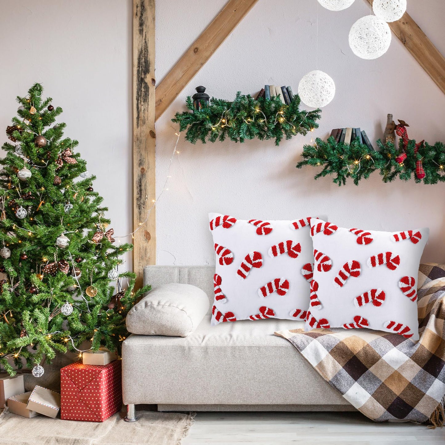 Mixweer 2 Pcs Tufted Christmas Throw Pillow Cover 18 x 18 Inch Candy Tufted Pillow Covers 3D Xmas Pillows Case Decorative Soft Cushion Cover for Sofa Couch Bed Room
