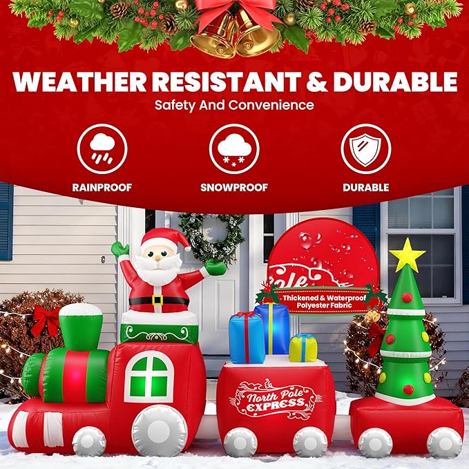 10 FT Deluxe Christmas Inflatables Train with Santa Claus, Gift Box, Christmas Tress, Built-in LED Lights, Blow Up Lovely Train Carriage for Christmas Party Holiday, Outdoor Garden Lawn Yard Decor