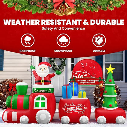 10 FT Deluxe Christmas Inflatables Train with Santa Claus, Gift Box, Christmas Tress, Built-in LED Lights, Blow Up Lovely Train Carriage for Christmas Party Holiday, Outdoor Garden Lawn Yard Decor