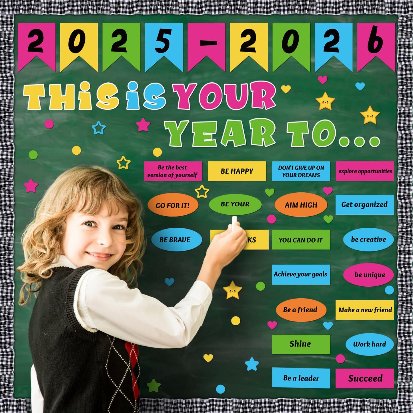 Feifeiya 81 Pcs This is Your Year Bulletin Board Set Classroom Bulletin Board Decor Back to School Inspirational Cutouts with White Black Burlap Border for School Office Chalkboard Wall Decor