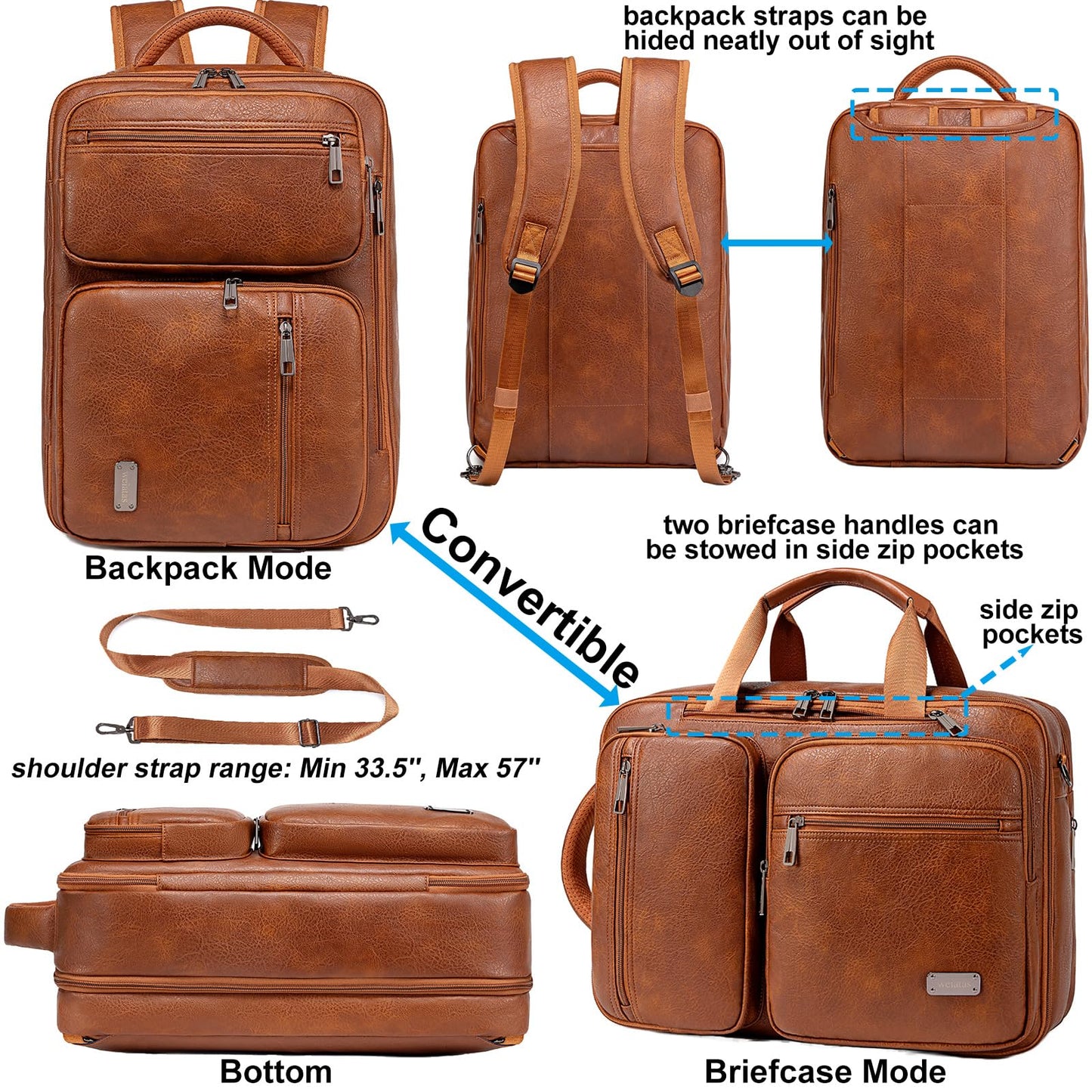 weiatas 3-in-1 Vegan Leather Convertible Laptop Bag for Men Women, 15.6 Inch Waterproof Expandable Backpack, Computer Briefcase, Shoulder Messenger Bag & Weekend Bag for Business Travel Work (Brown)