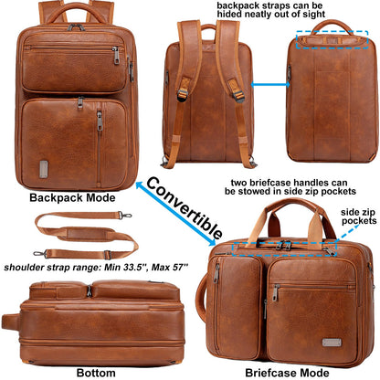 weiatas 3-in-1 Vegan Leather Convertible Laptop Bag for Men Women, 15.6 Inch Waterproof Expandable Backpack, Computer Briefcase, Shoulder Messenger Bag & Weekend Bag for Business Travel Work (Brown)