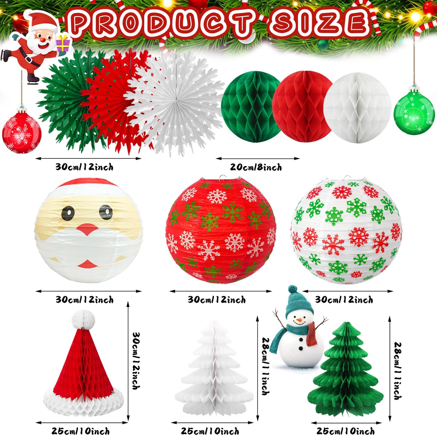 Christmas Honeycomb Paper Lantern Decoration Set, Hanging X-mas Party Supplies Including Christmas Hat, Trees Honeycomb Balls Lanterns, Paper Fans for Holiday XMAS Party Decor