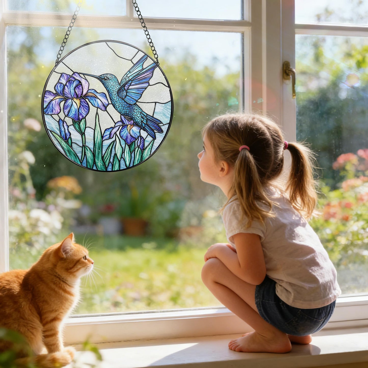 Stained Glass Window Hanging, 7.8 Inch Hummingbird and Iris Flower Stained Glass Suncatcher Ornament, Sun Catchers Indoor Window Decor, Nature Lover Gift, Gifts for Women: Wife, Mom & Grandma