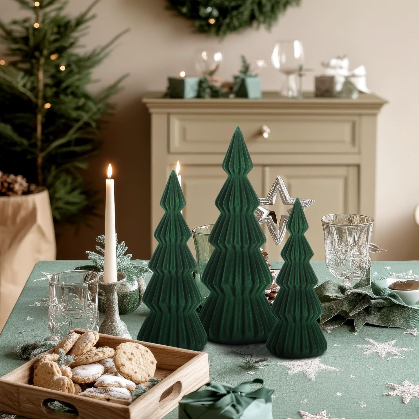 Relaxgiant Set of 3 Velvet Ceramic Christmas Trees Decoration Large Modern Velvet Cone Christmas Tree Figurine Decor Holiday Xmas Winter Indoor Home Tabletop Mantel Centerpiece(Dark Green)