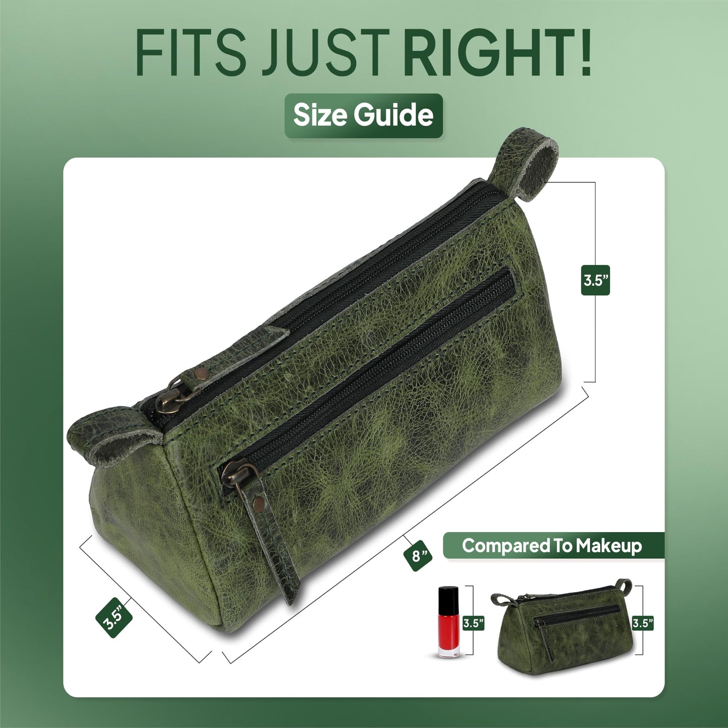 TheAntiq Leather Makeup Bag for Women – Genuine Leather Cosmetic Bag Travel, Handmade Zippered Makeup Pouch, Small Toiletry Bag, Shaving Kit & Stationery Organizer- Forest Green