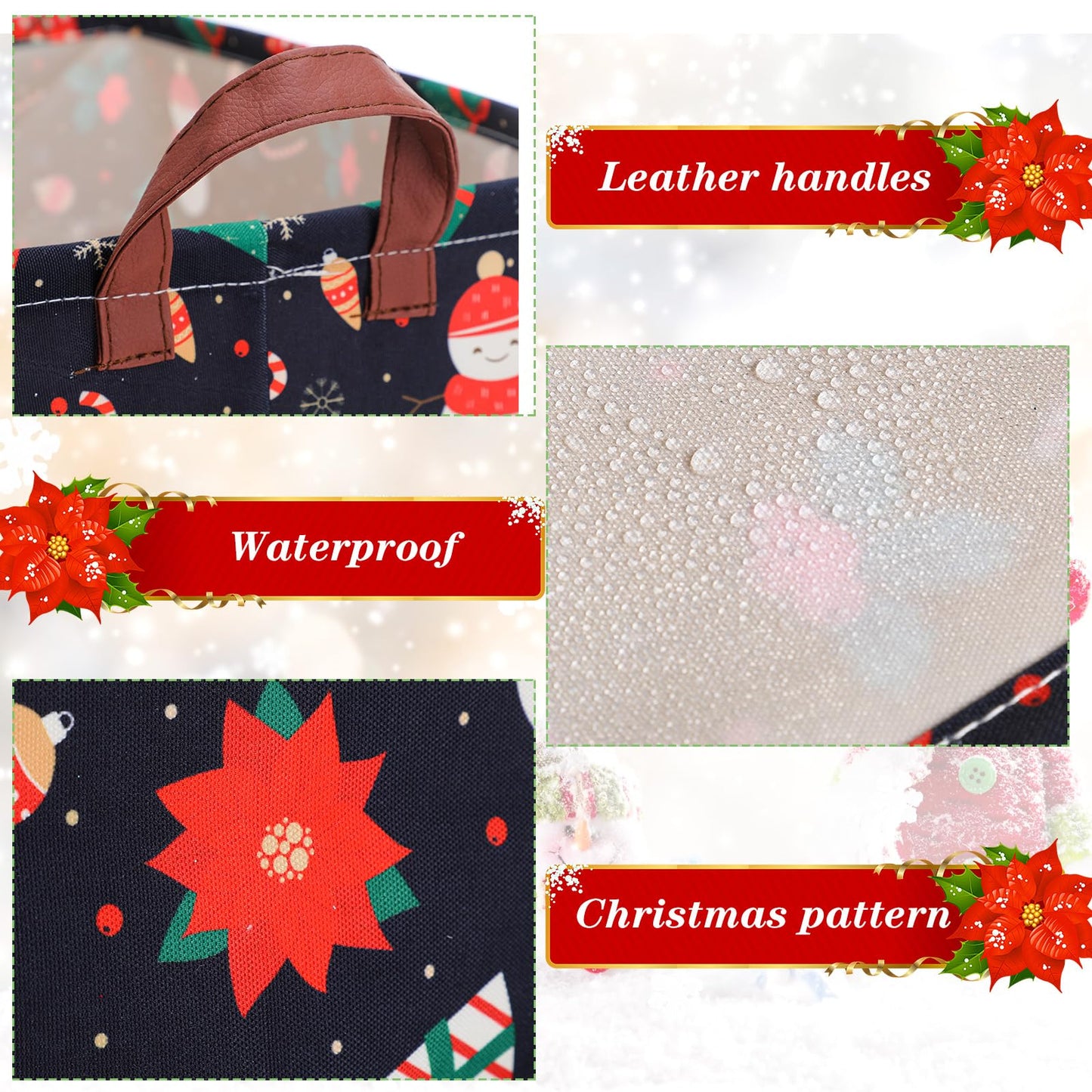 Yoojahow 3 Pack Christmas Storage Baskets Waterproof Canvas with Leather Handles Collapsible Storage Bins Cube Baskets for Closet Clothes Room Decor Gift Basket