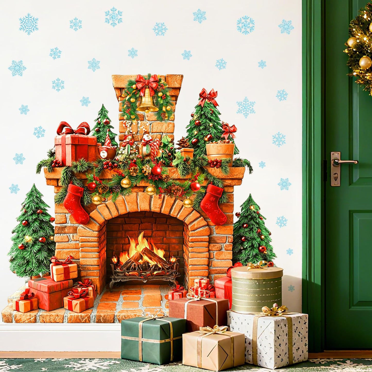 Large Fireplace Wall Stickers Removable Christmas Wall Decals Peel and Stick Fireplace Mural Sticker Winter Tree Snowflake Holiday Decorations for Walls Xmas Fire Flame Decal Party Decor