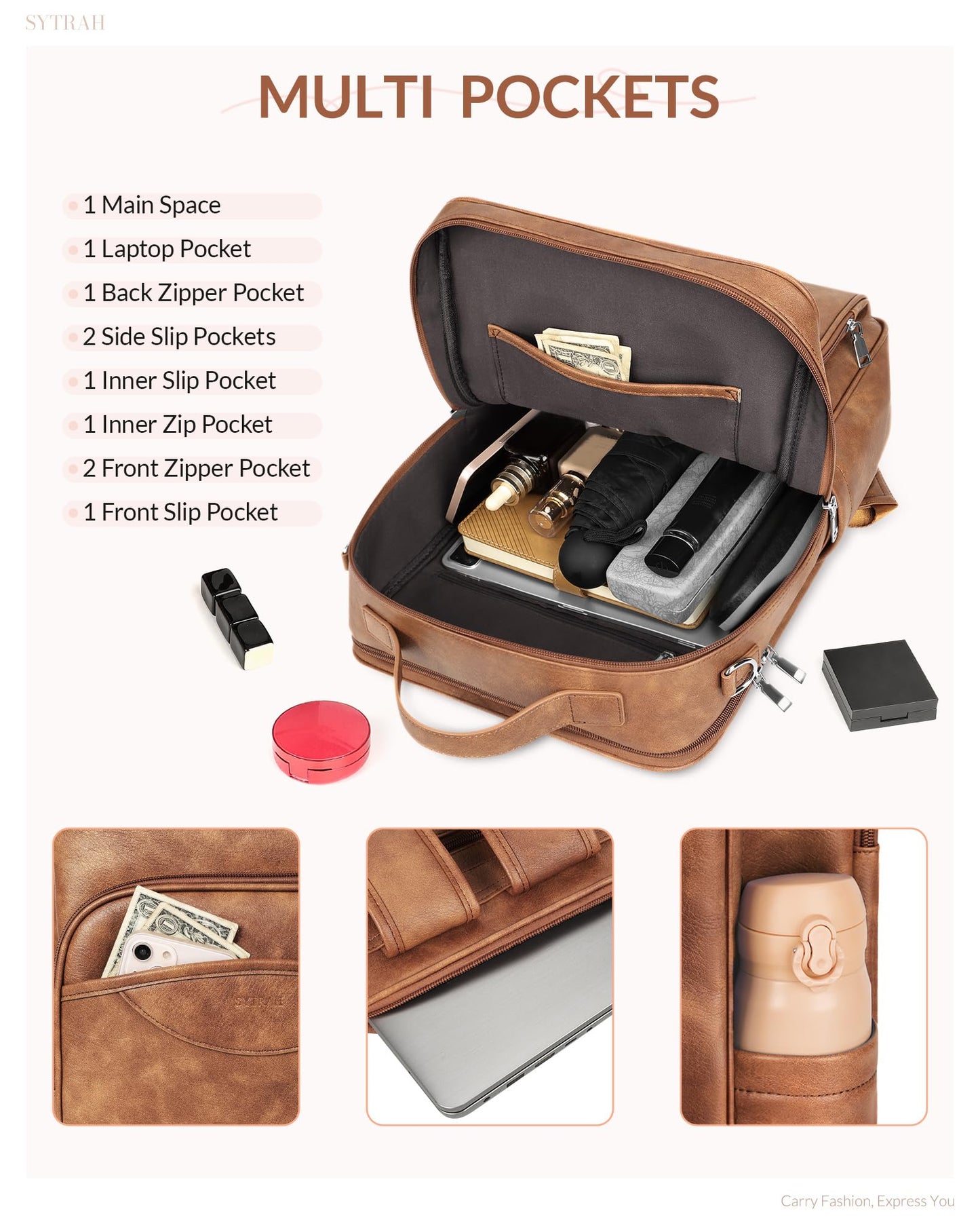 SYTRAH Leather Laptop Backpack for Women, 15.6 Inch Business Computer Bag, Designer College Backpack Travel Backpack with Colorful Shoulder Bag Strap Mocha Brown