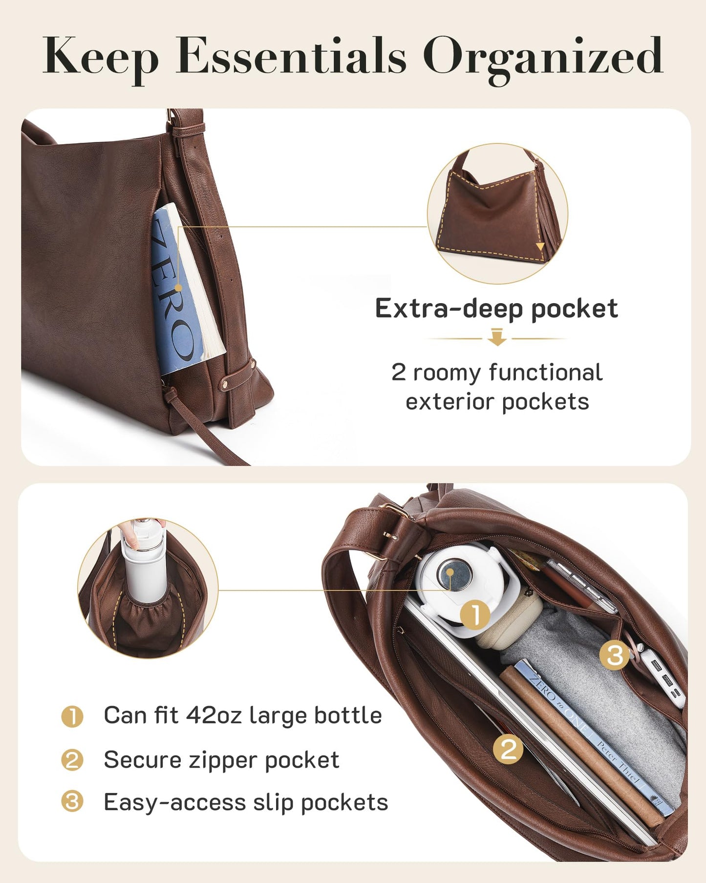Missnine Hobo Bag for Women Designer Purse Shoulder Handbags Vegan Leather Tote Bag Large Crossbody Bags with Multi-Pockets,Coffee