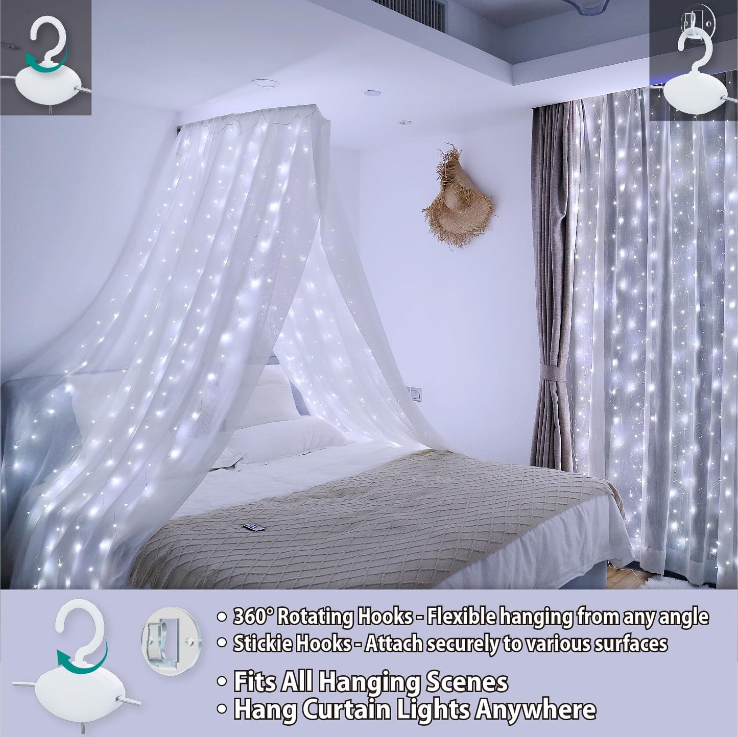 HXWEIYE 300LED Fairy Curtain Lights, 9.8x9.8Ft USB Plug-in 8 Modes Christmas String Hanging Lights with Remote for Bedroom Backdrop Wedding Indoor Wall Decor, White, Standard – 1 Pack