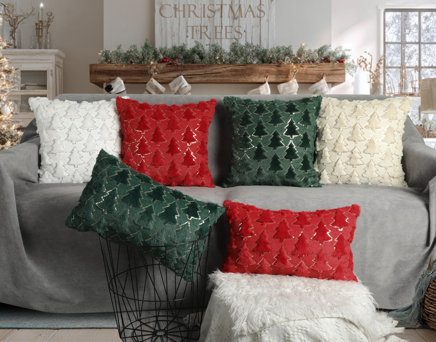4TH Emotion Christmas Tree Decorative Pillow Covers 18x18 Set of 2, Red Soft Plush Faux Fur Farmhouse Throw Cushion Cases for Xmas Winter Holiday Home Decorations