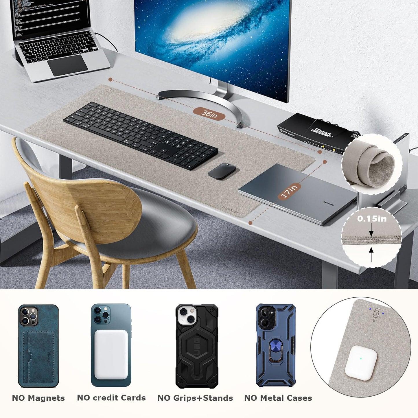 Wireless Charging Mouse Pad Firelison 2 in 1 Leather Multifunctional Office Desk Pad with Non-Slip Rubber Base, Waterproof Desk pad for Computers/Office/Work/Home/Decor（ 36" x 17"Grey - L）