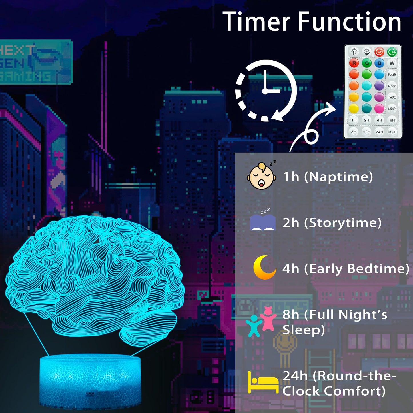 POSSHE Neurology Gifts, 3D Brain Illusion Lamp, Night Light with16 Colors Changing, Remote Control, Timer, Dimmable, Kids Room Decoration, Xmas Brain Model Gifts