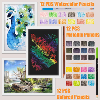 Drawdart Art Supplies Drawing Pencils Set - 76 Pack Pro Sketching Kit with Sketchbook & Watercolor Pad, Includes Graphite, Charcoal, Watercolor & Metallic Pencils for Kids, Teens, Adults