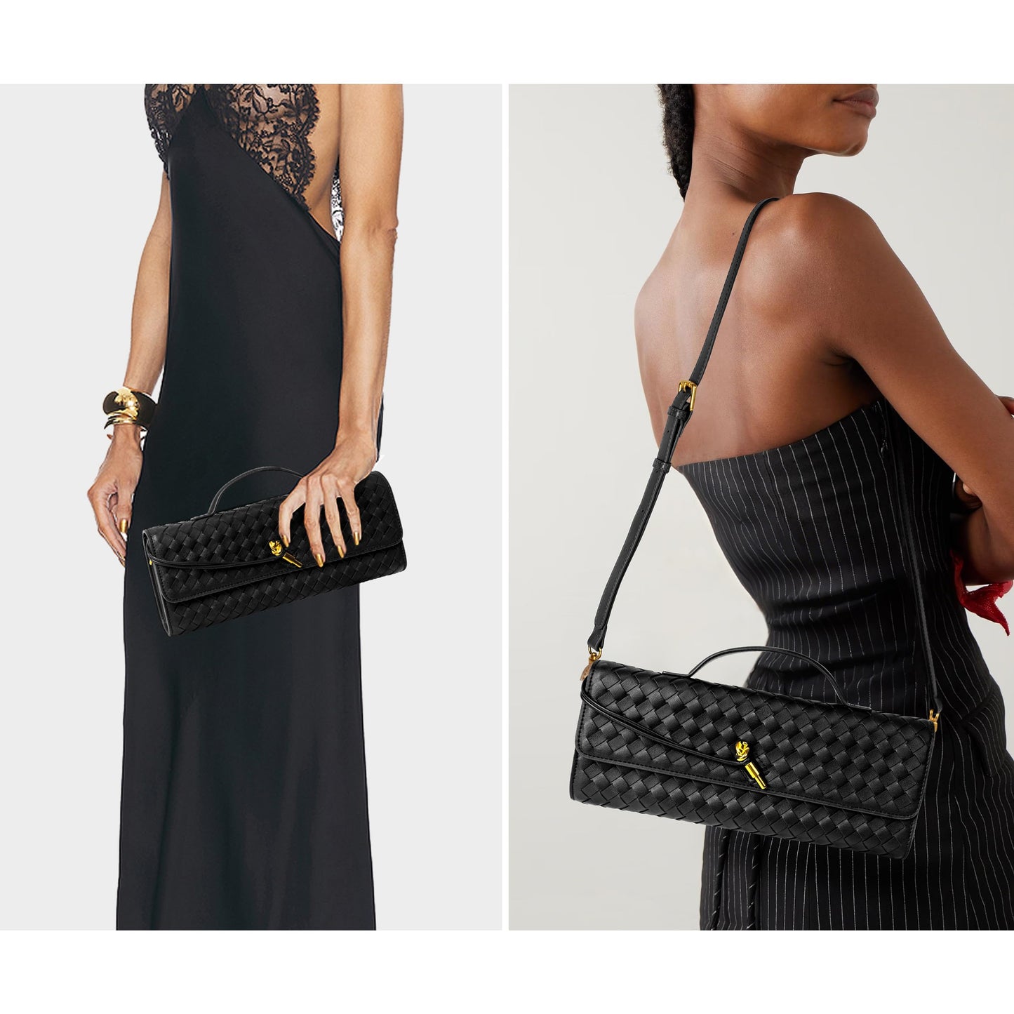 Joryin Woven Purse for Women Evening Clutch Woven Leather Handbags Crossbody Bag Purse Formal Evening Bag, Black