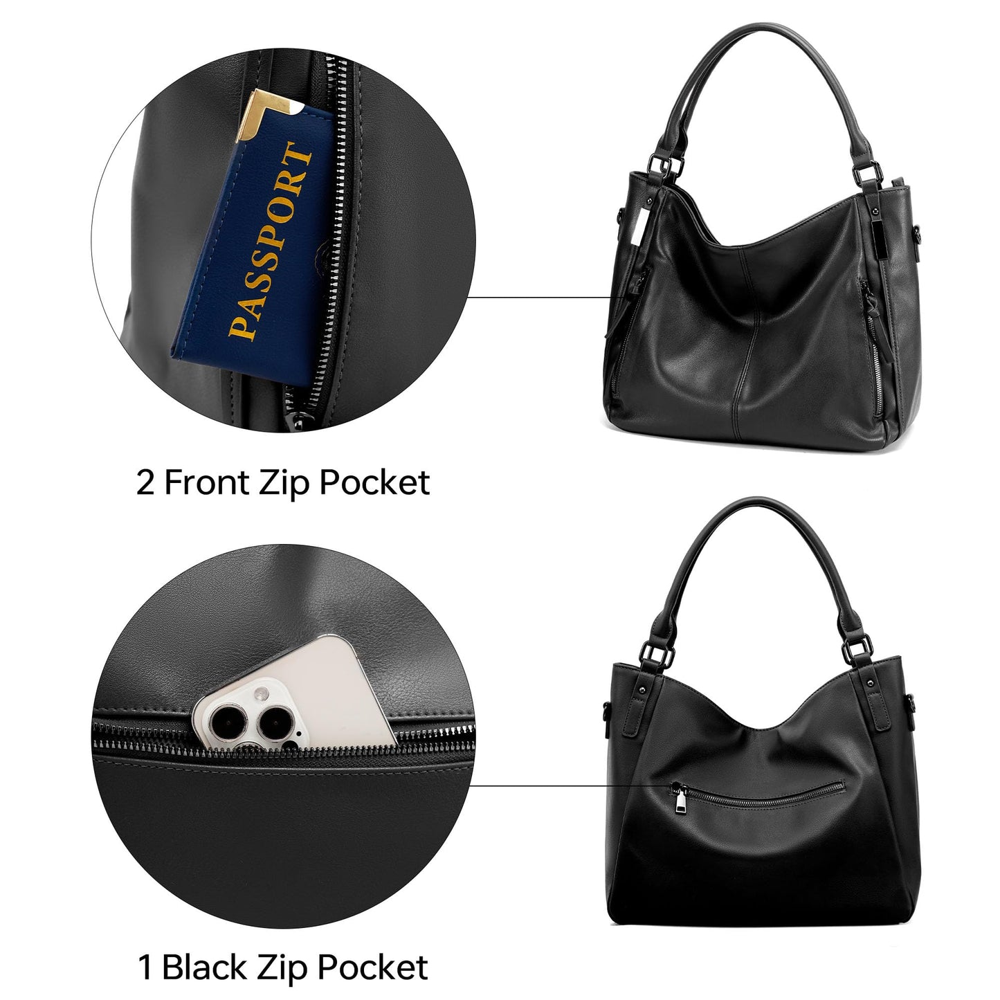 Goinsound Women's Hobo Bags Leather Large Tote Bag Purse with Multiple Pockets Shoulder Bag with Adjustable Straps Black