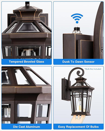 Large 9'' Outdoor Wall Lights Wall Mount, Dusk to Dawn Front Porch Lights, Oil Rubbed Bronze Outdoor Wall Lantern, Exterior Lighting Fixtures for Garage, Waterproof Patio Sconce Lights