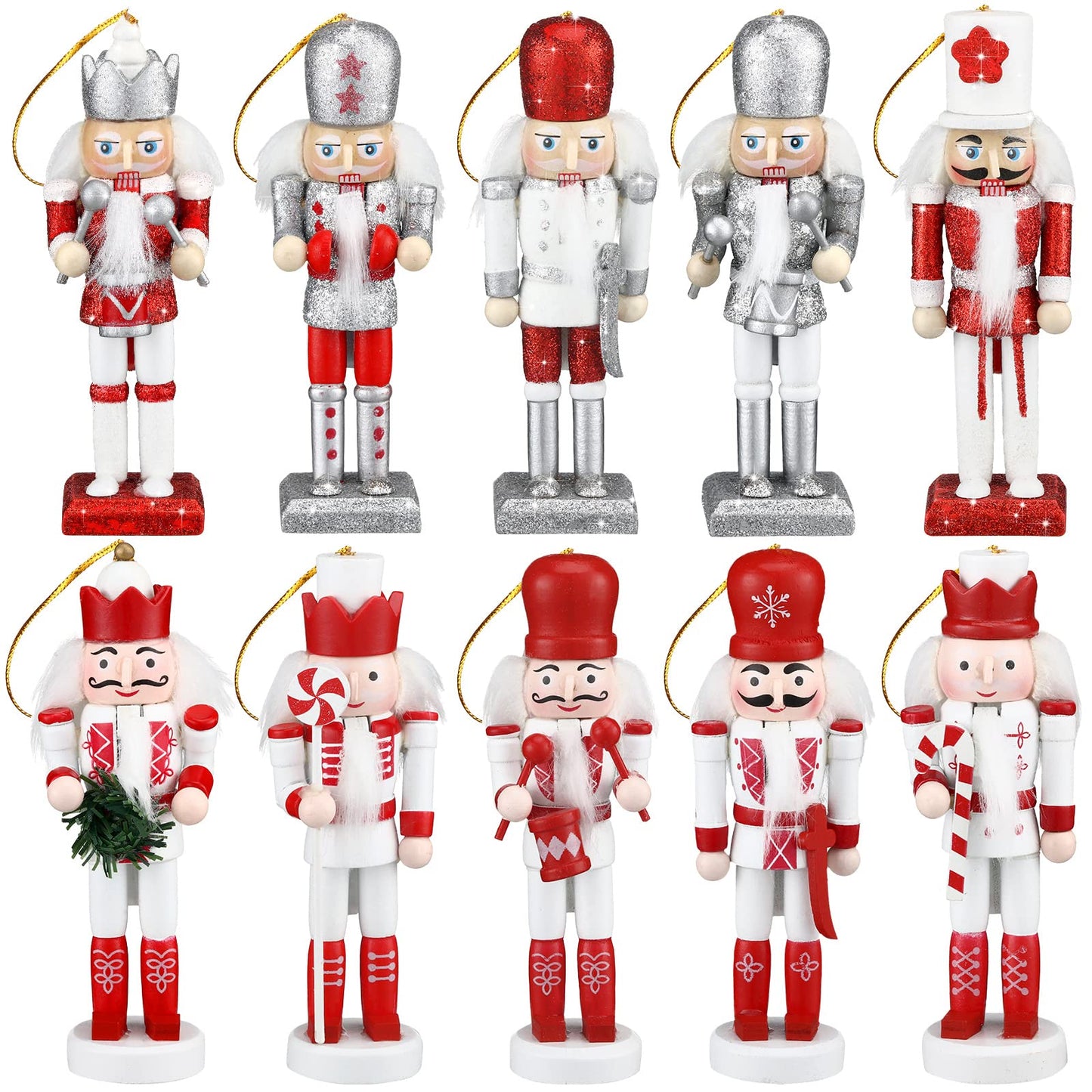 Jetec 10 Pcs Christmas Nutcracker Ornaments Wooden Hanging Decorations 5 Inch Tall Nutcracker Figures Christmas Decorations (Bright Style)