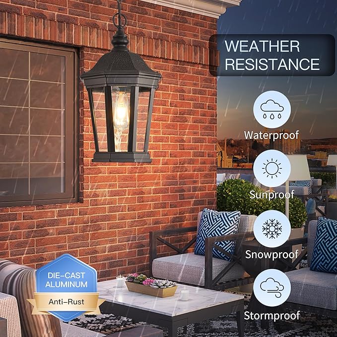 Large Outdoor Pendant Light Fixtures, 17.9" H Black Exterior Hanging Lantern Lights, Height Adjustable Outside Chandeliers with Clear Glass for Porch, Farmhouse, House
