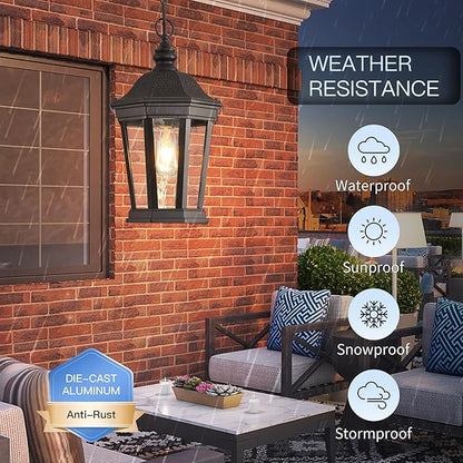 Large Outdoor Pendant Light Fixtures, 17.9" H Black Exterior Hanging Lantern Lights, Height Adjustable Outside Chandeliers with Clear Glass for Porch, Farmhouse, House