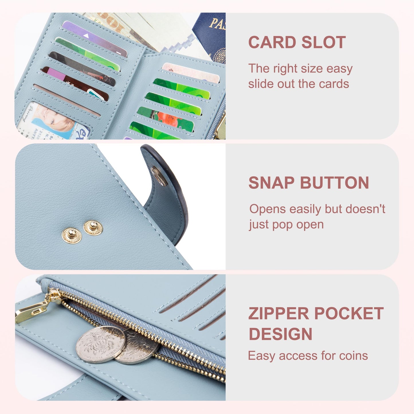 yiijay Womens Wallet RFID Blocking Vegan Leather Trifold Clutch Credit Card Holder Ladies Travel Wallet Purse with Pen Holder