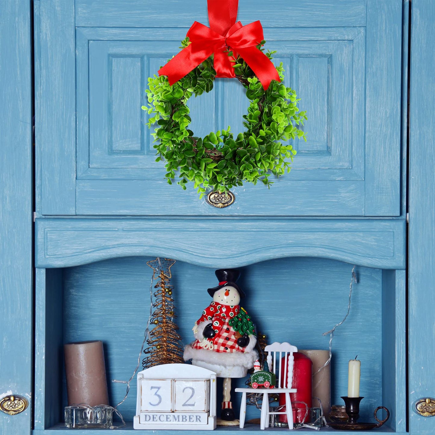 Canlierr 6 Pcs 8 Inch Christmas Kitchen Cabinet Wreaths with 31.5inch Ribbon Small Mini Christmas Wreath for Window Door Chair Wall Xmas Decoration(Fresh)