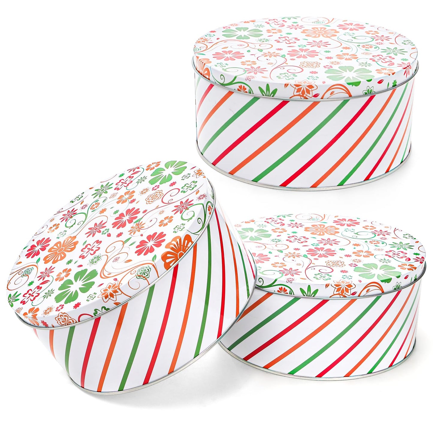 Yopay 3 Pack Round Decorative Cookie Tins, Floral Red Green Striped Holiday Metal Gift Tins, Food Safe Baking Cake Storage Containers for Easter, Christmas Cookies, Candy, Biscuits, Gift Packaging