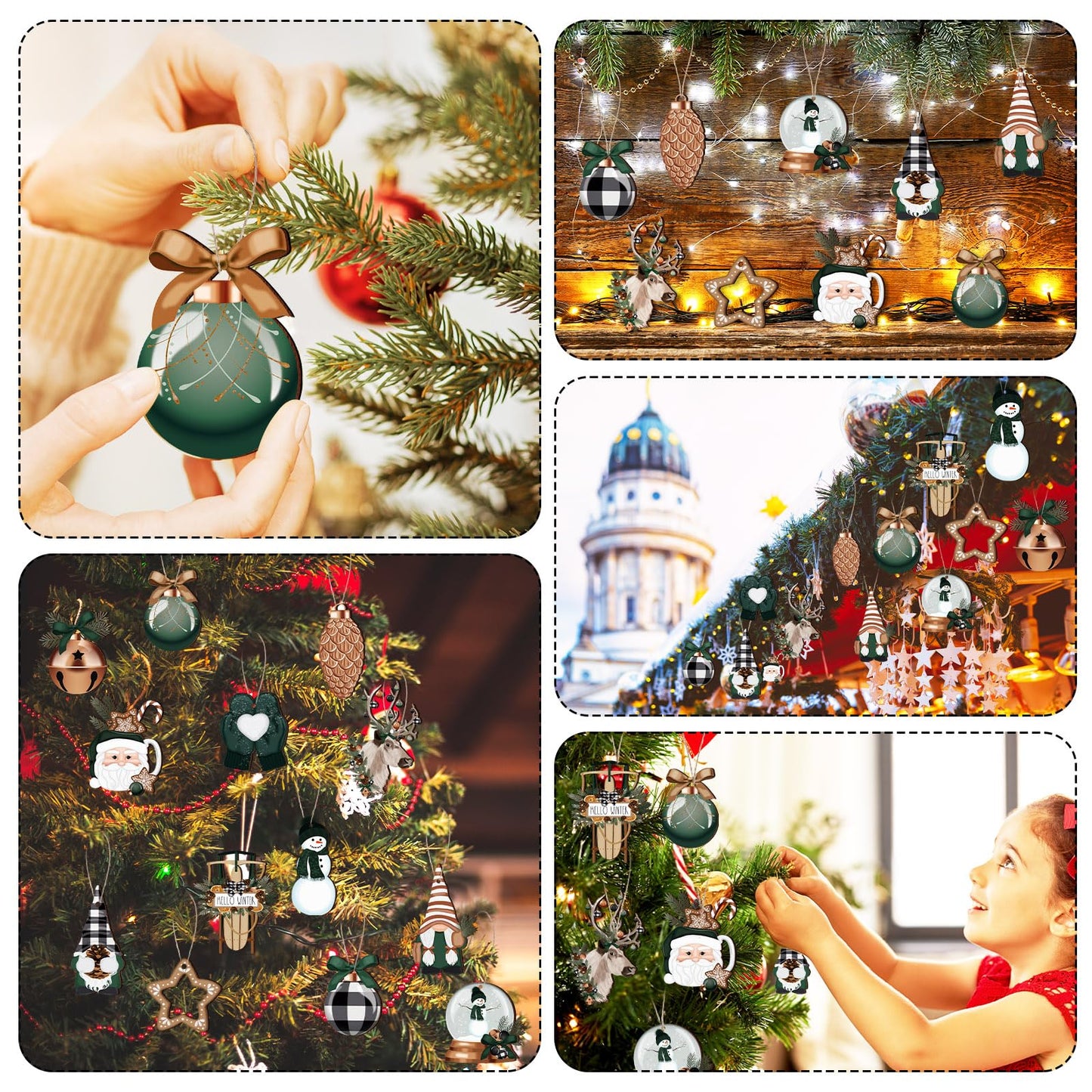 Huwena 40 Pcs Christmas Wooden Ornaments Winter Decorations for Xmas Tree Gingerbread Nutcracker Snowman Gnome Wood Cutouts for Small Tree Wreath Decor(Hunter Green,Winter Wonderland)