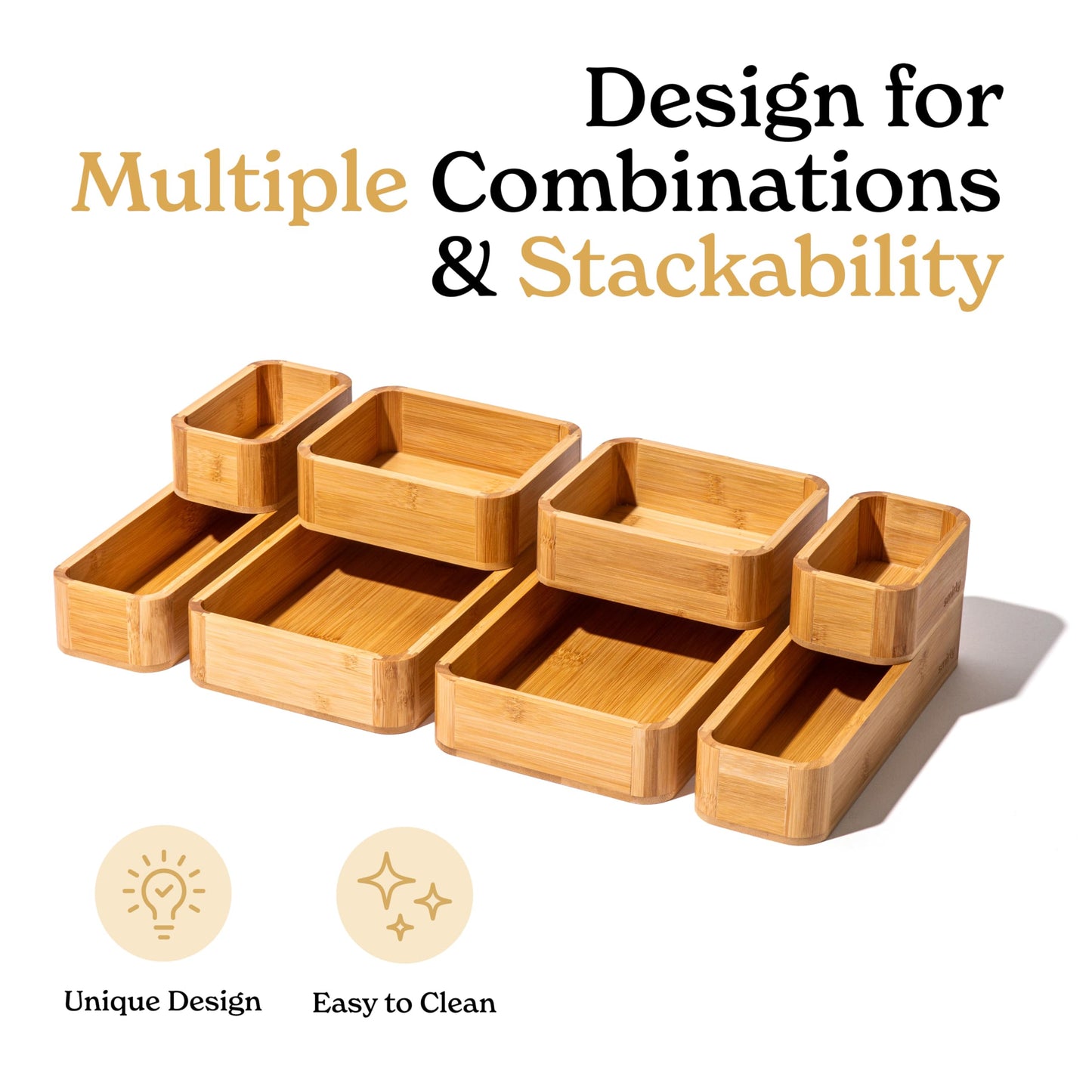 SMIRLY 8-Piece Bamboo Kitchen Drawer Organizer Set for Large and Small Utensils, Multi-use Storage Box - Bathroom, Nightstand, Jewelry, Cutlery, Knife, Spice, Towel, Junk Drawer Tray