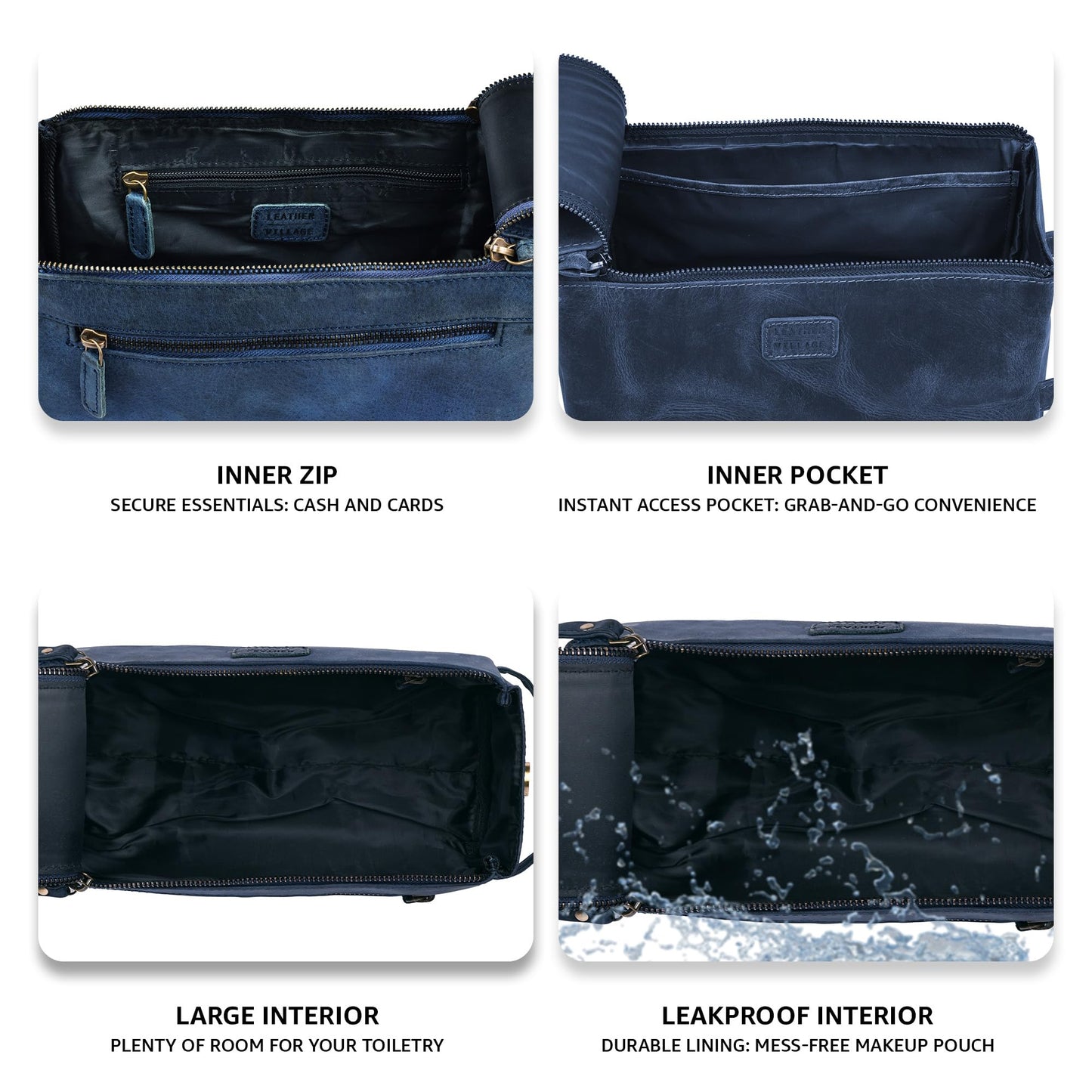 LEATHER VILLAGE Genuine Leather Travel Toiletry Bag - Water-Resistant Dopp Kit for Toiletries, Large Shaving Bag & Bathroom Organizer - Gift for Men & Women - Royal Blue