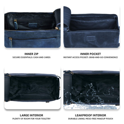 LEATHER VILLAGE Genuine Leather Travel Toiletry Bag - Water-Resistant Dopp Kit for Toiletries, Large Shaving Bag & Bathroom Organizer - Gift for Men & Women - Royal Blue