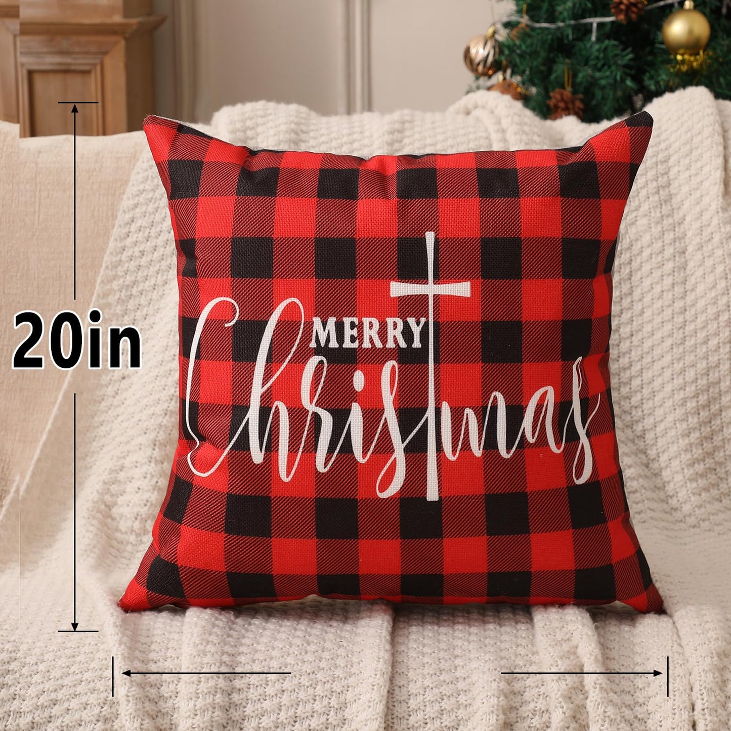 multiwins Double-Sided Print Christmas Pillow Covers 20"x 20" Set of 4, 8 Cute Christmas Patterns, Tree, Reindeer, Snowman, Joy, Let It Snow, Believe Etc, Perfect for Home Decor