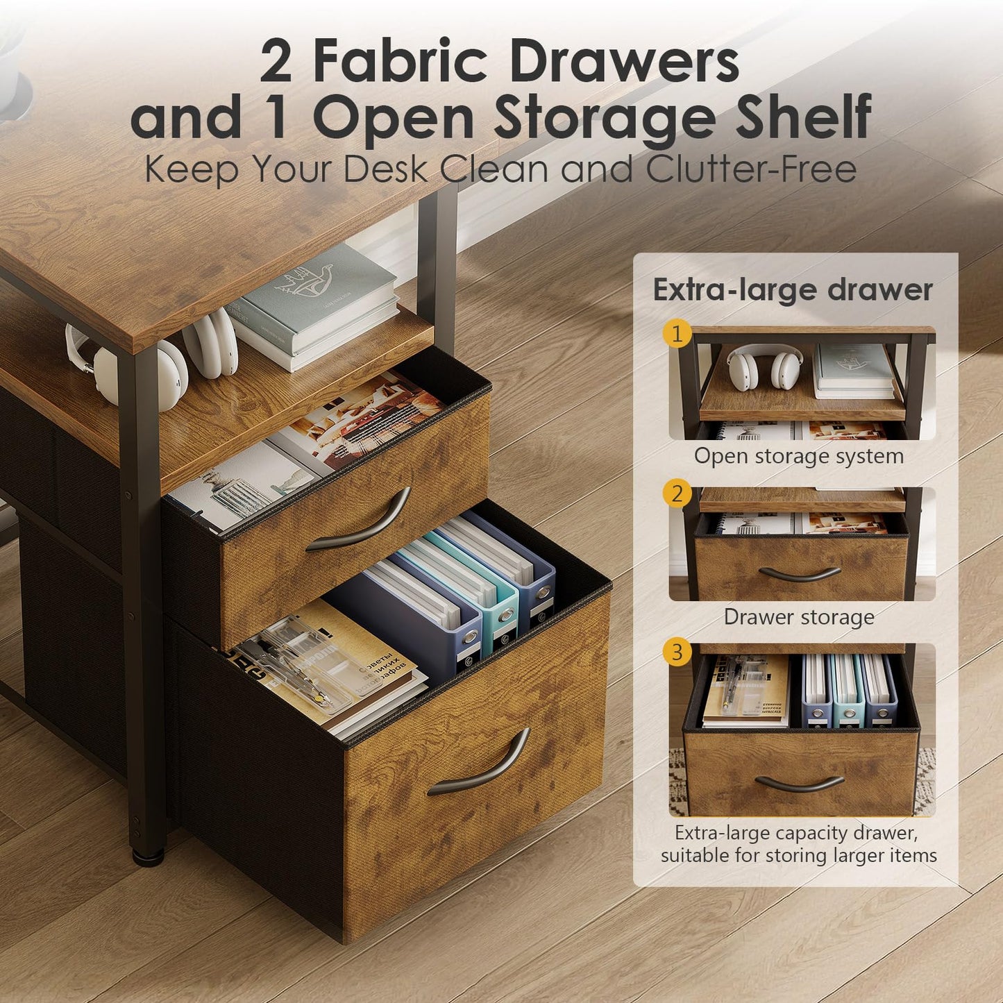 AODK 55 inch L Shaped Computer Desk with Drawers, Reversible Computer Desk with Storage Shelves, Home Office Desk with Built-in Power Outlet, Rustic Brown
